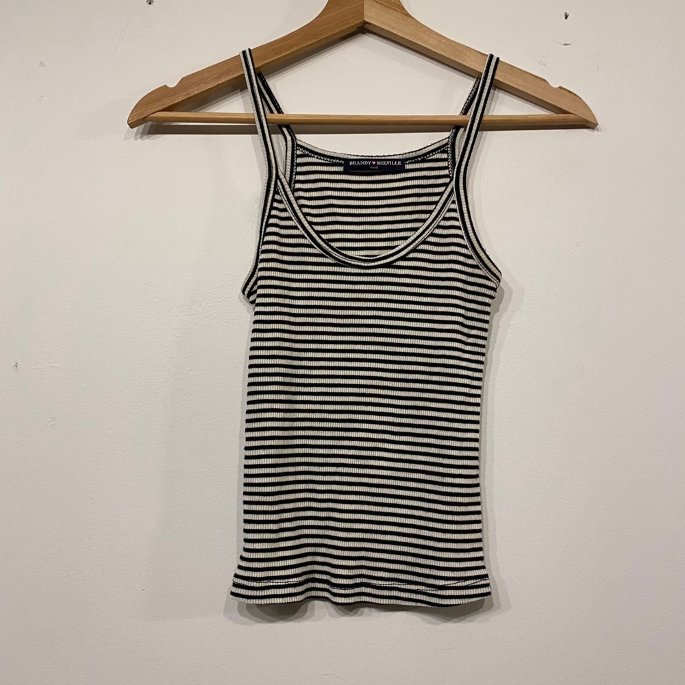 Brandy Melville Womens Small Ribbed Striped Tank Top Black White Scoop Neck Cami